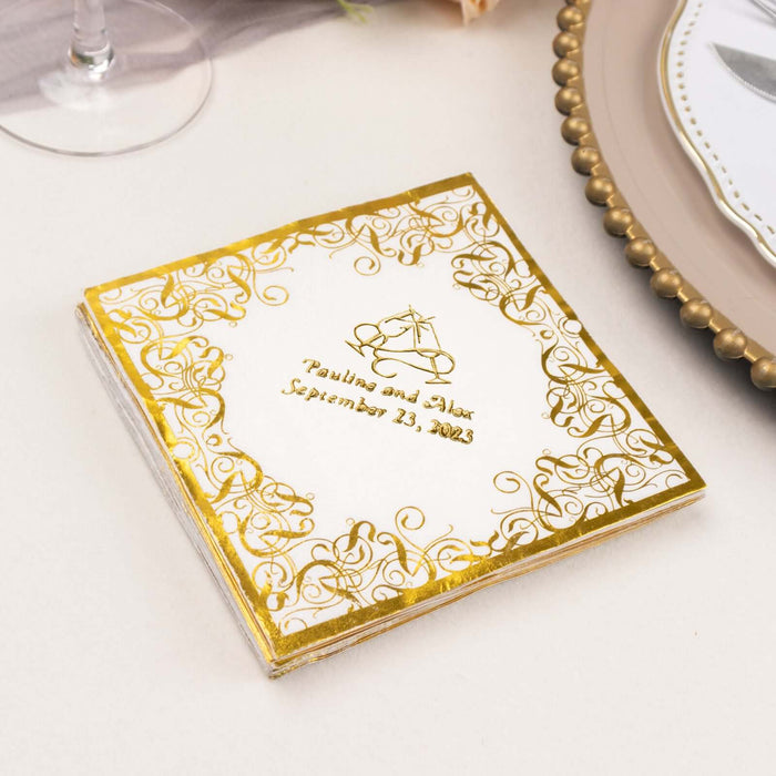 Elegant wedding napkin with gold accents and custom names, September 23, 2023.