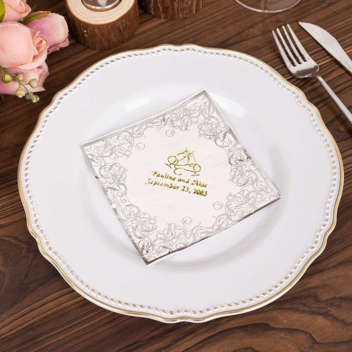 Elegant wedding napkin with gold lettering on a decorative plate.