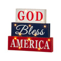 11.75"L God Bless America Sign Wooden Patriotic Tiered Block with LED Lights