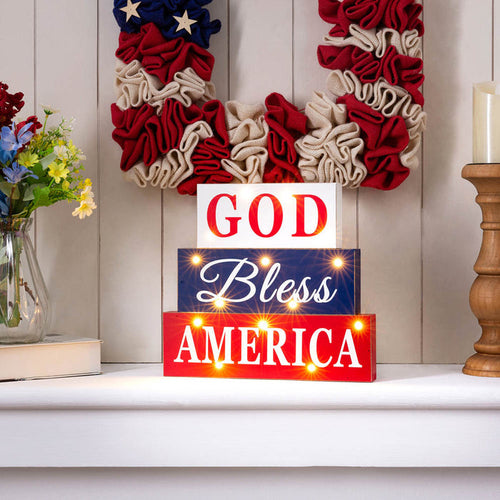 11.75"L God Bless America Sign Wooden Patriotic Tiered Block with LED Lights