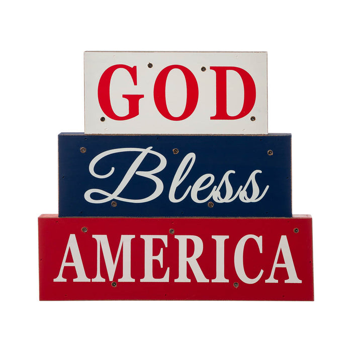 11.75"L God Bless America Sign Wooden Patriotic Tiered Block with LED Lights