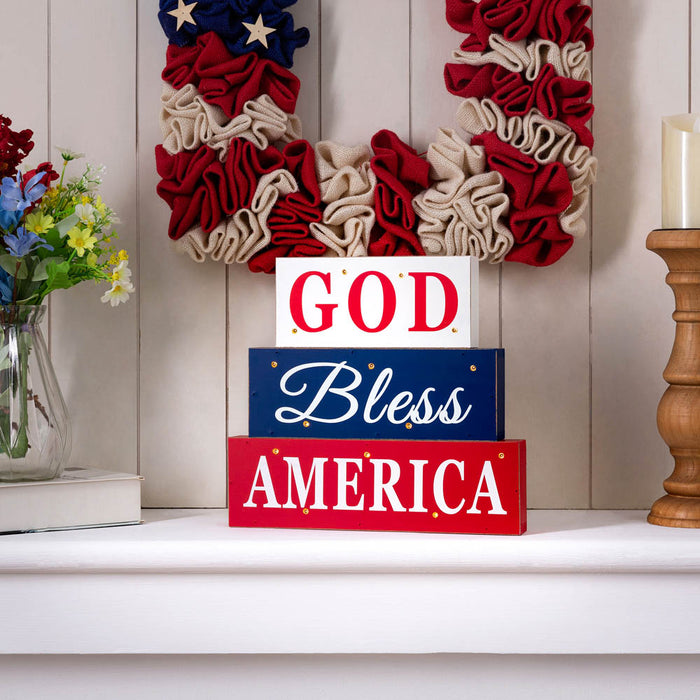 11.75"L God Bless America Sign Wooden Patriotic Tiered Block with LED Lights