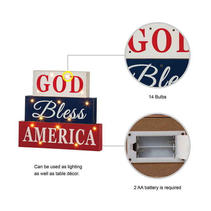 11.75"L God Bless America Sign Wooden Patriotic Tiered Block with LED Lights