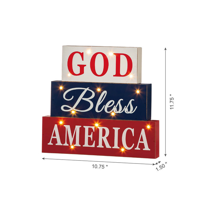 11.75"L God Bless America Sign Wooden Patriotic Tiered Block with LED Lights