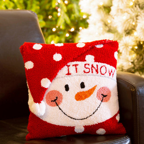 14" x 14" Handmade Hooked Snowman Christmas Throw Pillow