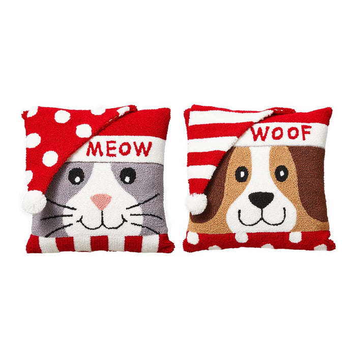 14"L Hooked 3D Meow & Woof Throw Pillows, Set of 2