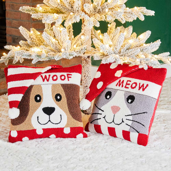 14"L Hooked 3D Meow & Woof Throw Pillows, Set of 2