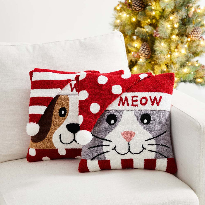 14"L Hooked 3D Meow & Woof Throw Pillows, Set of 2