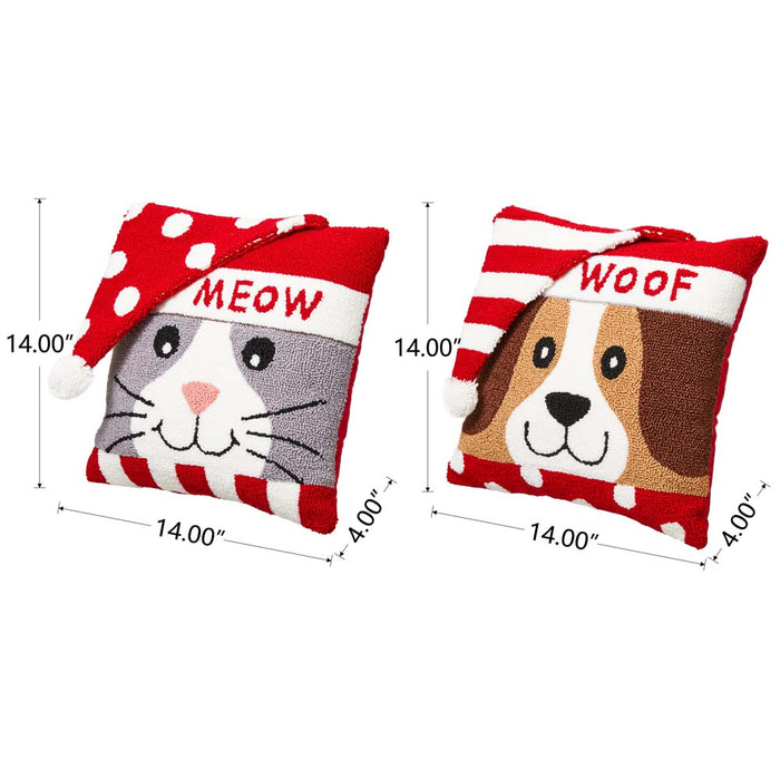 14"L Hooked 3D Meow & Woof Throw Pillows, Set of 2
