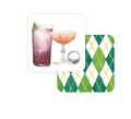coasters with masters green and gold Argyle on one side and cocktails and a golf ball on the other