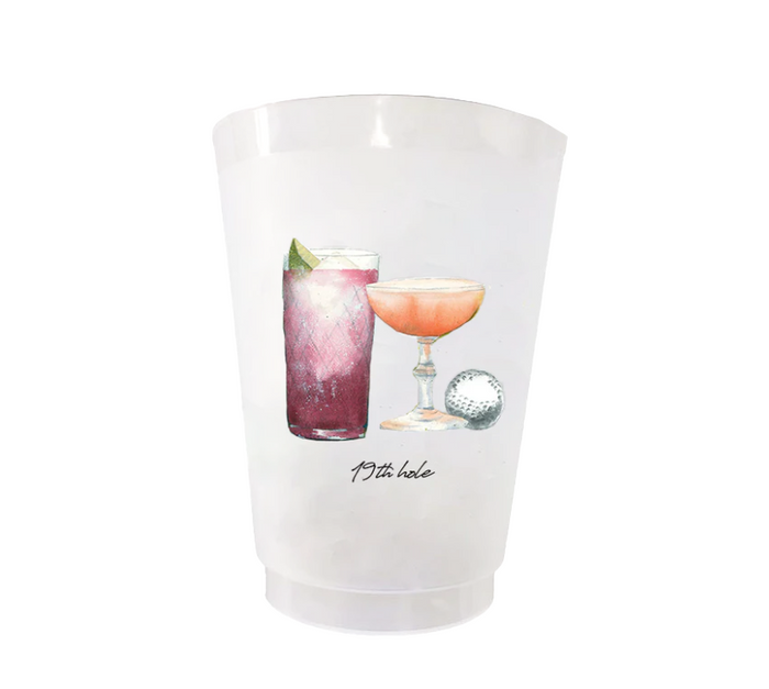 Masters golf plastic cups with watercolor cocktail and golfball artwork