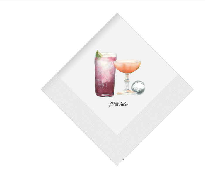 White paper napkins with cocktail and golf ball artwork