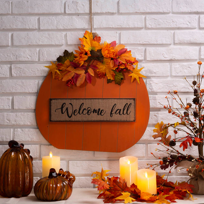 20.28"H Fall Wooden Pumpkin with Floral Standing / Hanging Decor (Two Function)