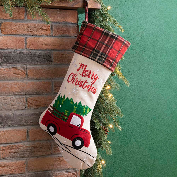 21''L Embroidered Linen Christmas Stocking - Red Truck