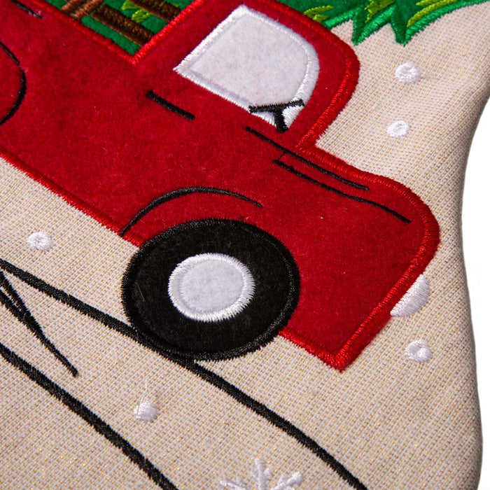 21''L Embroidered Linen Christmas Stocking - Red Truck