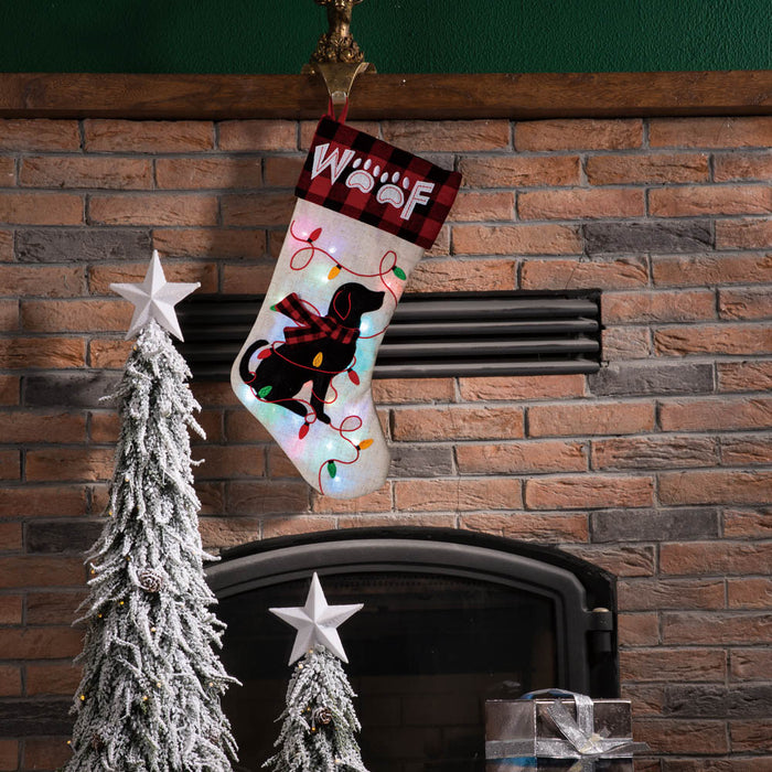 21''L LED Embroidered Linen Christmas Stocking - Dog