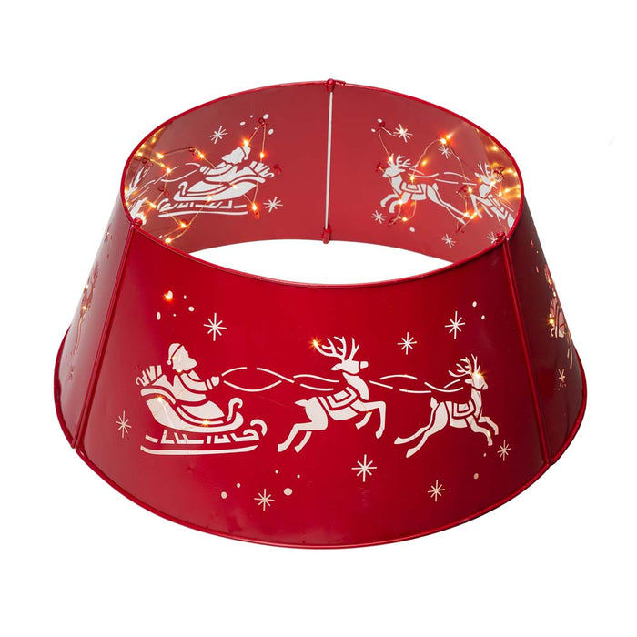 22"D Galvanized Metal Santa on Sleigh Tree Collar with Light String