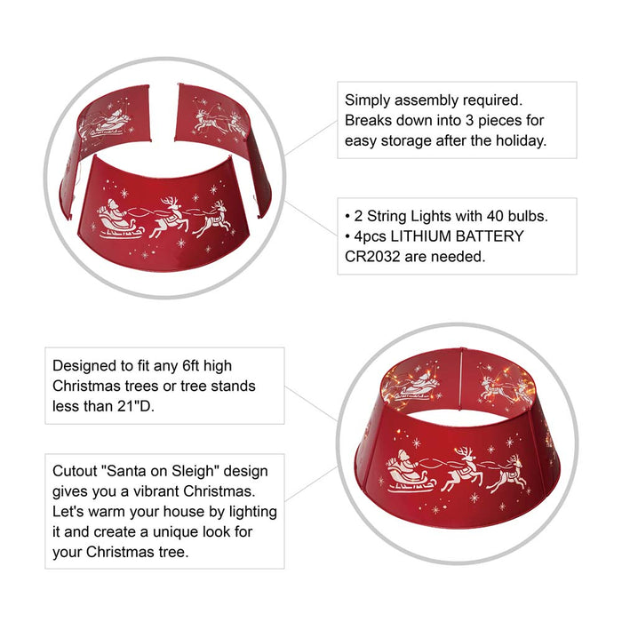 22"D Galvanized Metal Santa on Sleigh Tree Collar with Light String