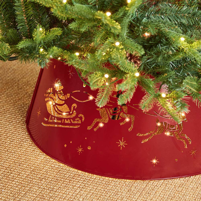 22"D Galvanized Metal Santa on Sleigh Tree Collar with Light String