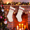 22"L Knitted  Polyester White Christmas Stocking  With Red Trim & Pompom Set of 2