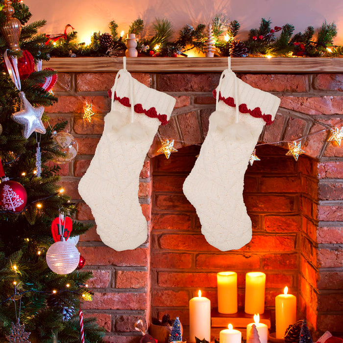 22"L Knitted  Polyester White Christmas Stocking  With Red Trim & Pompom Set of 2