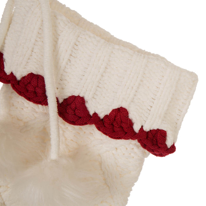 22"L Knitted  Polyester White Christmas Stocking  With Red Trim & Pompom Set of 2