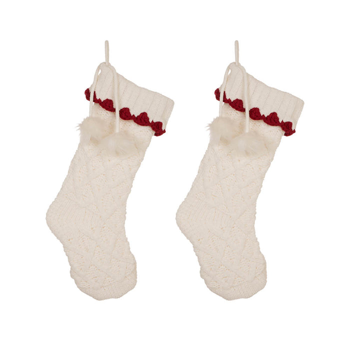 22"L Knitted  Polyester White Christmas Stocking  With Red Trim & Pompom Set of 2