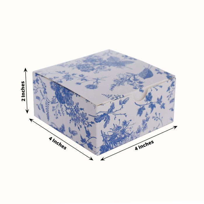 Blue floral design gift box, measuring 4x4x2 inches.