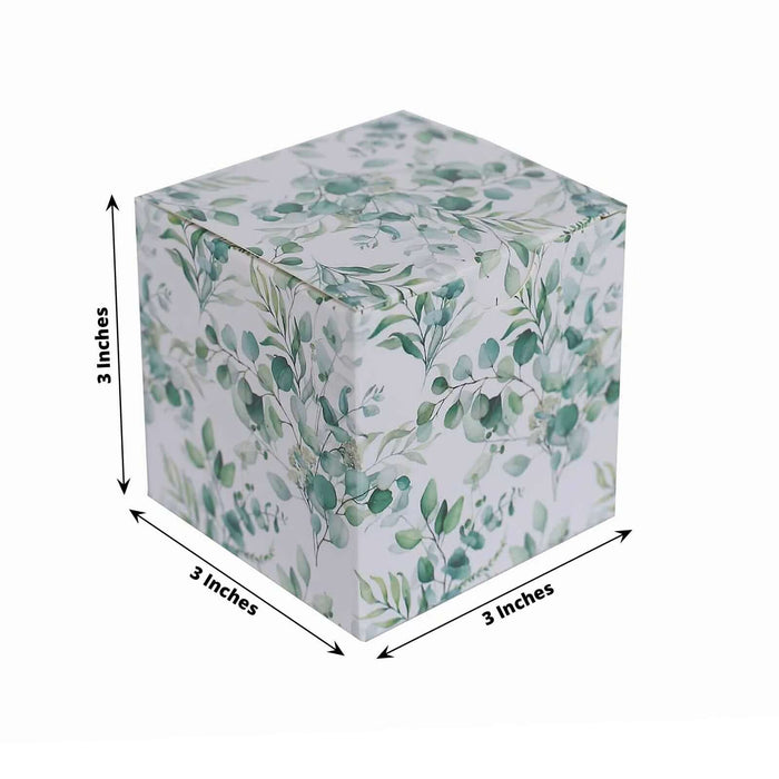 Floral decorative gift box, 3 inches by 3 inches, with green leaves pattern.