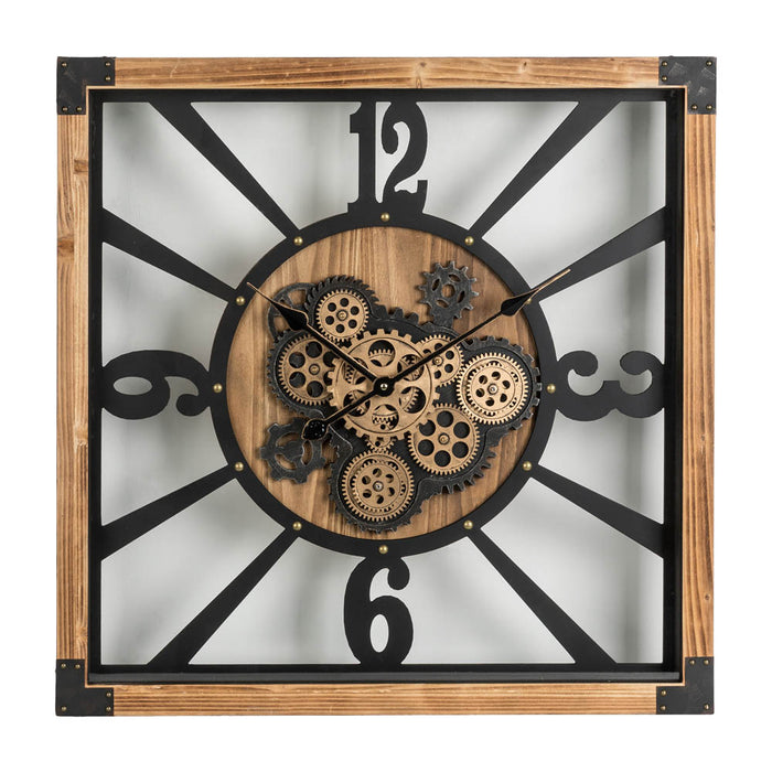 27.17"H Industrial Wooden/Metal Square Gear Wall Clock with Tempered Glass
