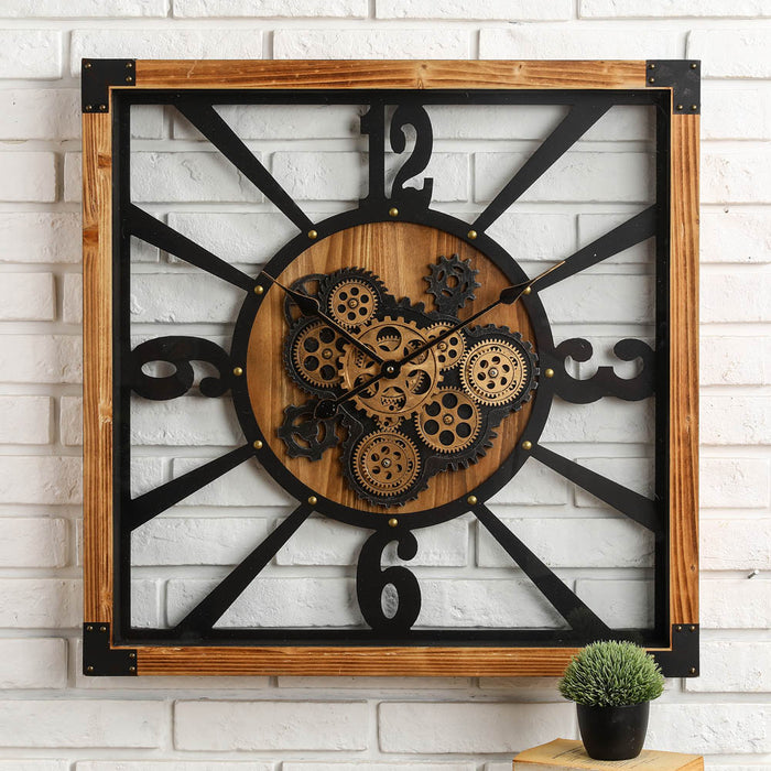 27.17"H Industrial Wooden/Metal Square Gear Wall Clock with Tempered Glass