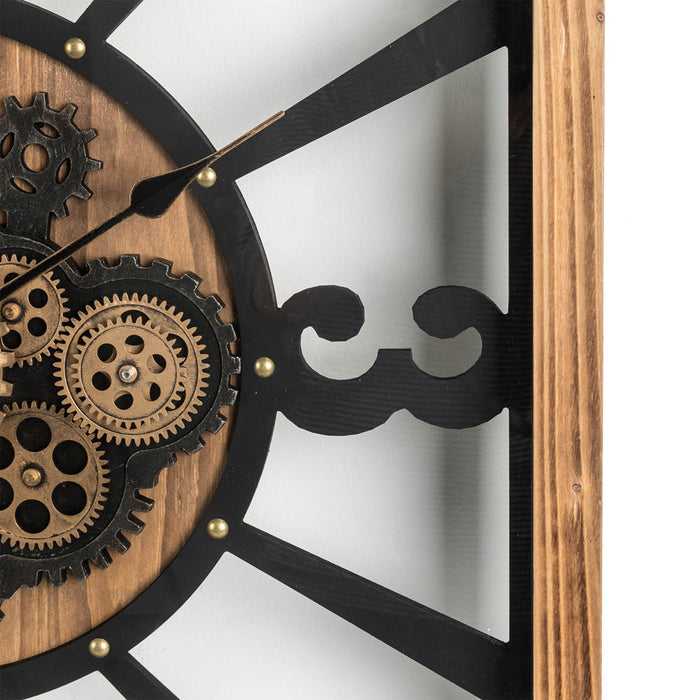 27.17"H Industrial Wooden/Metal Square Gear Wall Clock with Tempered Glass