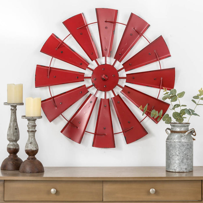 28.50"D Vintage Red Metal Wind Spinner Wall Décor
