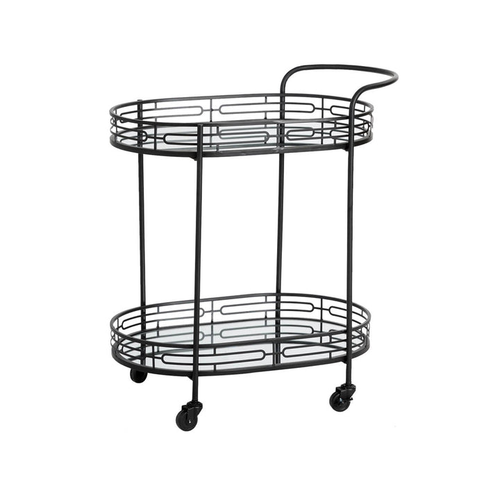 30.75"H Black Deluxe 2-Tier Metal Oval Mirrored Bar Cart