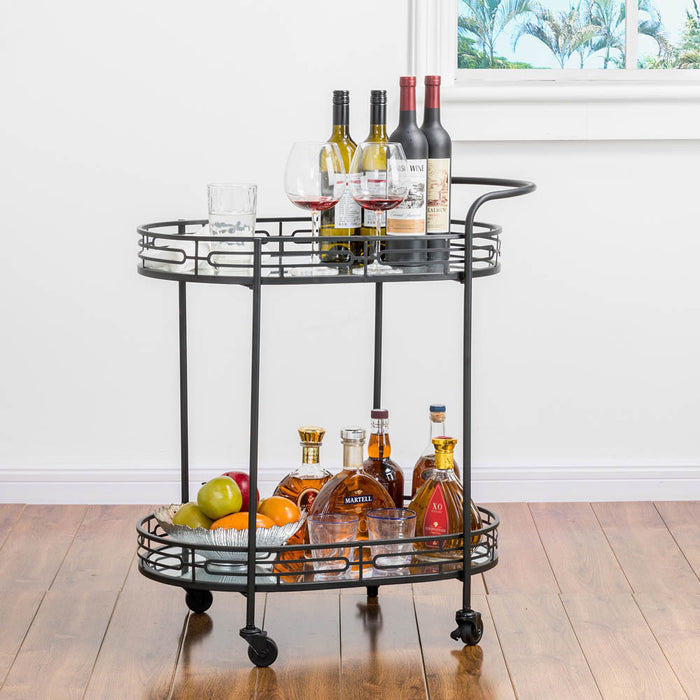 30.75"H Black Deluxe 2-Tier Metal Oval Mirrored Bar Cart