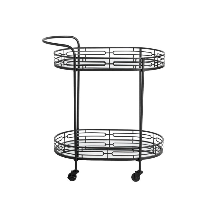 30.75"H Black Deluxe 2-Tier Metal Oval Mirrored Bar Cart