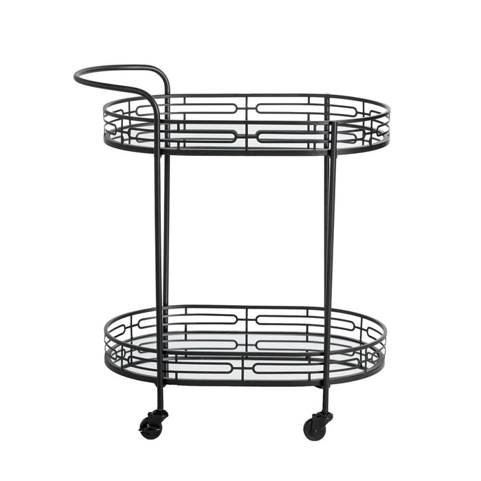 30.75"H Black Deluxe 2-Tier Metal Oval Mirrored Bar Cart