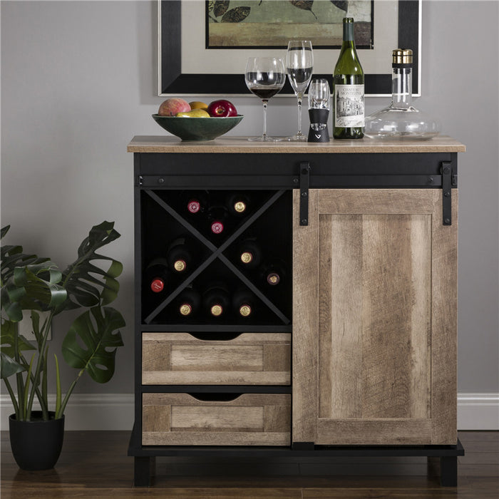 32.30"H Modern Industrial Black Wine Cabinet with Natural Top and Sliding Door