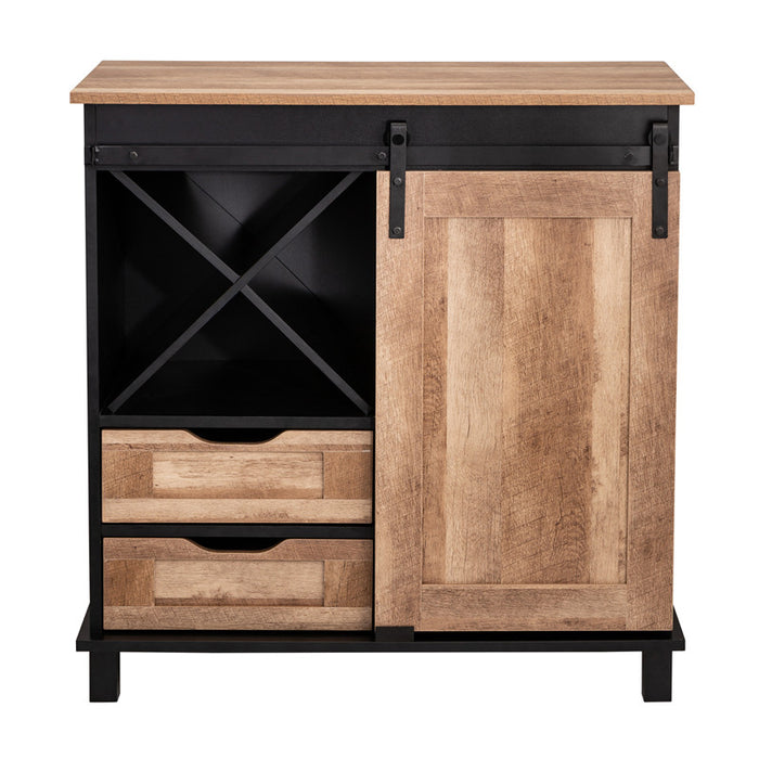 32.30"H Modern Industrial Black Wine Cabinet with Natural Top and Sliding Door