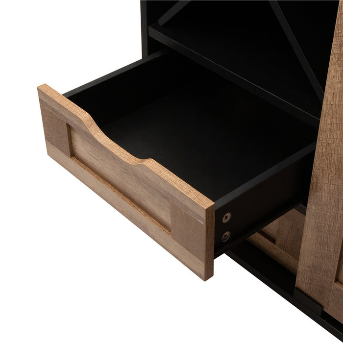 32.30"H Modern Industrial Black Wine Cabinet with Natural Top and Sliding Door