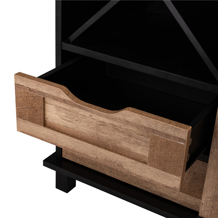 32.30"H Modern Industrial Black Wine Cabinet with Natural Top and Sliding Door