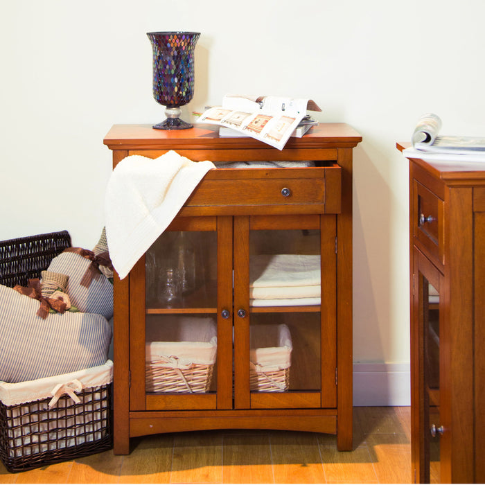 32"H Wooden Shelved Floor Storage Cabinet with 1 Drawer and Double Doors