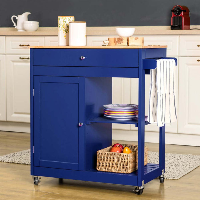34.25"H Navy Blue Wooden Basic Kitchen Cart/Island with Solid Oak Top