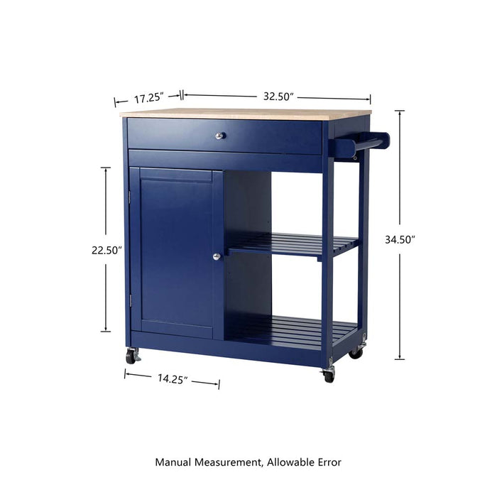 34.25"H Navy Blue Wooden Basic Kitchen Cart/Island with Solid Oak Top