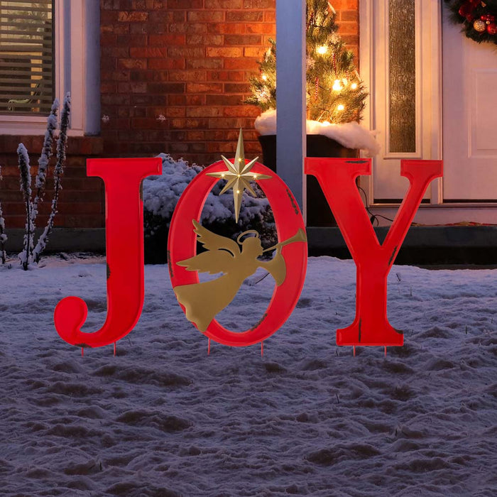 36"H Metal "JOY" Angel Yard Stake or Standing Decor or Wall Décor with LED Lights (Three Functions)