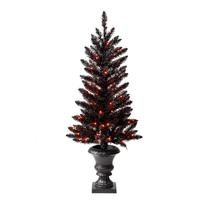 4 ft Lighted Black PVC Tips Porch Tree With 100 Orange LED Lights