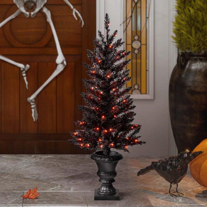 4 ft Lighted Black PVC Tips Porch Tree With 100 Orange LED Lights
