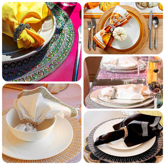 Elegant table settings with decorative napkin rings and stylish plates.