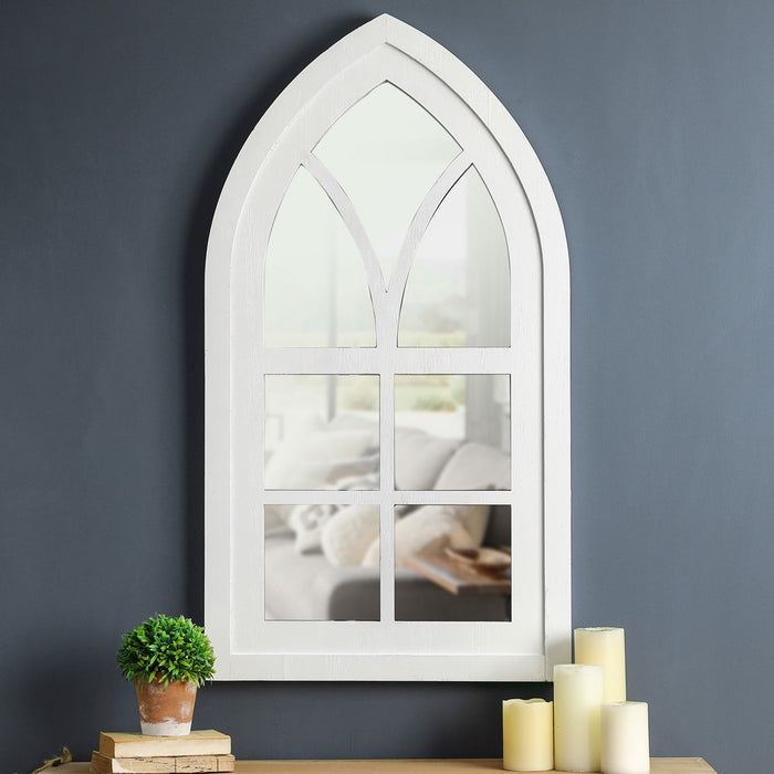 40.16"H Wash White Wooden Cathedral Windowpane Wall Mirror Decor