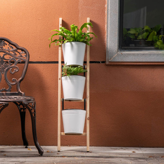 42"H Enameled Metal/Wood 3-Tier Leaning Ladder Plant Stand